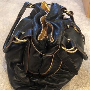 Boutique Black Gold Leather Trim Boho Handbag